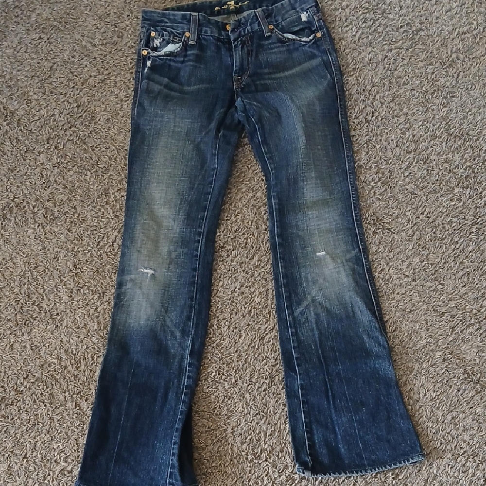 7 For All Mankind Distressed Dark Blue Flare Jeans